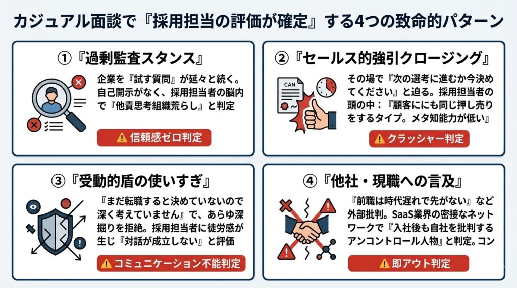 カジュアル面談で採用担当者の評価が確定する4つの致命的パターンを図解。過剰監査スタンス、セールス的強引クロージング、受動的盾の使いすぎ、他社批判を視覚的に警告