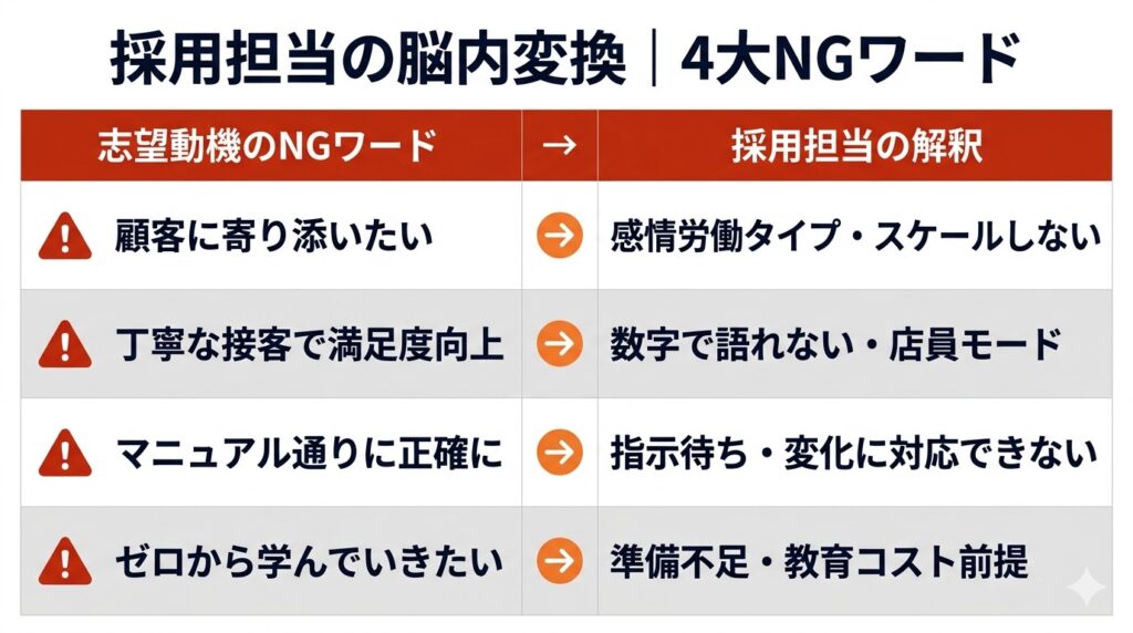 カスタマーサクセス志望動機の4大NGワードと採用担当者の脳内変換を3列の表で対比したインフォグラフィック。