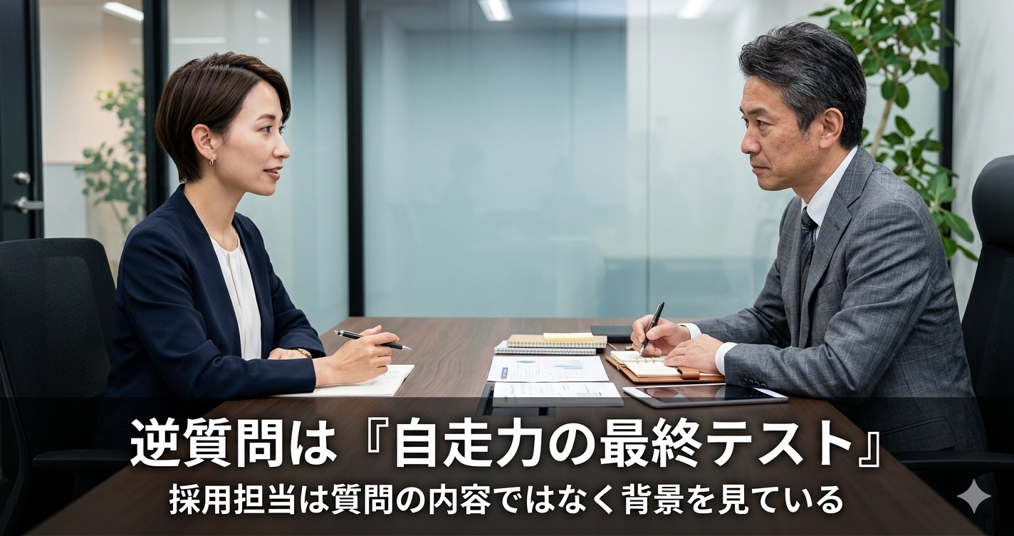 面接で逆質問する候補者と、自走力を評価する採用担当者。採用担当者が候補者の思考プロセスと準備度を分析している様子を表現した面接風景