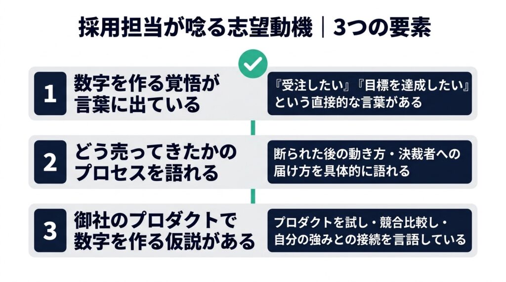 ITセールスの面接で採用担当者が唸る志望動機に共通する3要素（数字への覚悟・営業プロセスの言語化・プロダクト仮説）を縦並びチェックリスト形式で図解したインフォグラフィック。