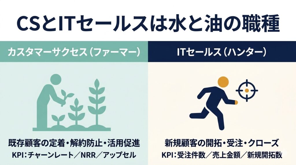 カスタマーサクセス（ファーマー・既存顧客定着）とITセールス（ハンター・新規顧客開拓）の職種の違いをミッションとKPIで左右2分割で図解したインフォグラフィック。