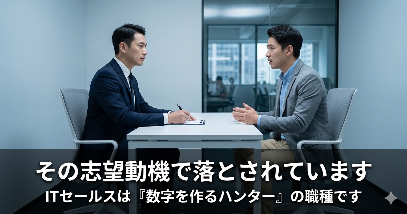 採用担当者が書類に判定を下しながら求職者の志望動機を審査する面接シーン。ITセールスの志望動機NGワードを採用側の本音から解説する記事のアイキャッチ。