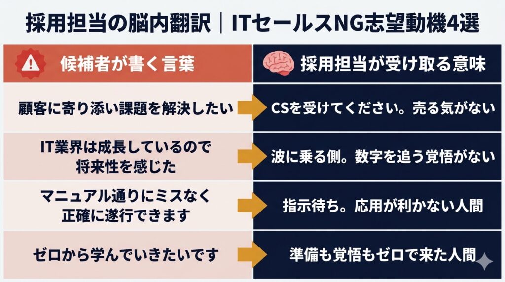 ITセールスの志望動機でよく使われるNGワード4パターンと採用担当者の脳内変換を2列で対比したインフォグラフィック。