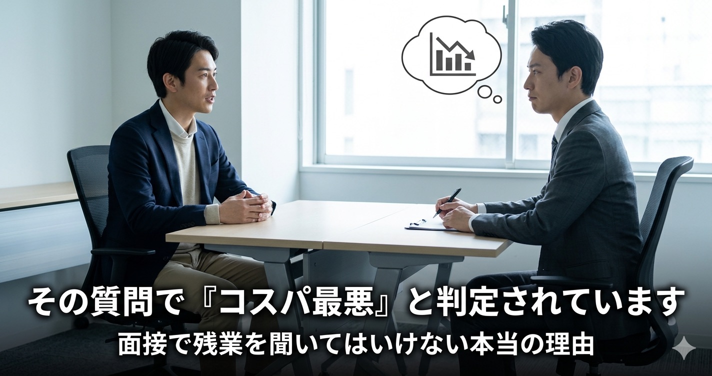 面接で逆質問をする求職者に対して採用担当者が内心でROI判定を下しているシーンを表したオフィスの面接室。残業を面接で聞いてはいけない理由を採用側の本音から解説する記事のアイキャッチ。