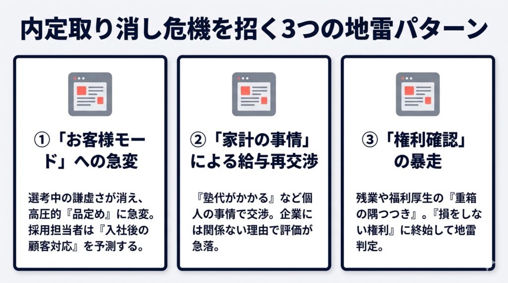 オファー面談で内定取り消し危機を招く3つの地雷パターンを図解したカード型インフォグラフィック。お客様モード、家計事情による交渉、権利確認の暴走を視覚的に説明