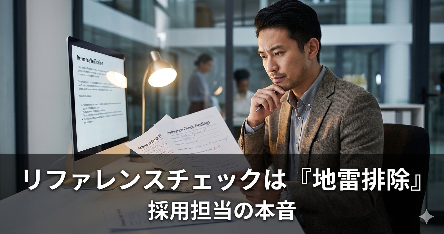 リファレンスチェックを厳密に評価する採用担当者。背景調査で地雷候補を判定している緊張感と分析的態度を表現した採用現場の写真