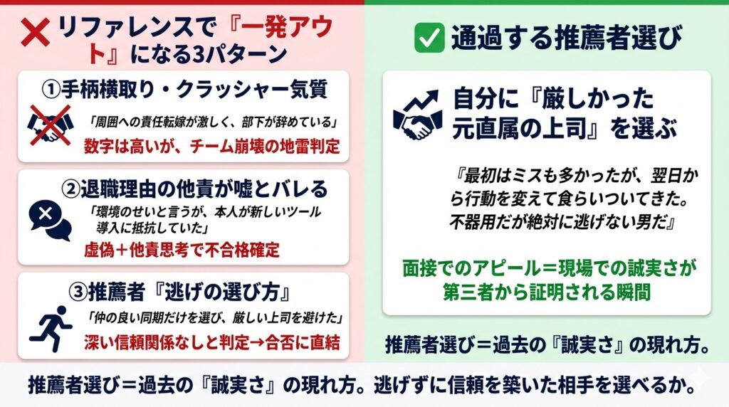 リファレンスチェックで一発アウトになる3つのパターンと、通過する推薦者選びの違いを対比。手柄横取り、他責の虚偽、推薦者選びの逃げというネガティブパターンと、信頼できる厳しい元上司を選ぶポジティブパターンを視覚的に表現