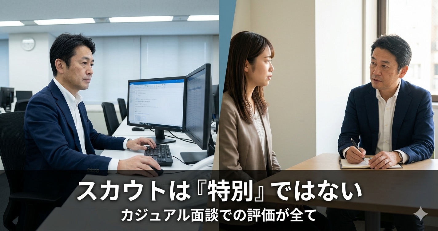 スカウトメール一括送信と、カジュアル面談での実際の評価を対比した採用担当者の行動。左側は機械的なテンプレート送信、右側は真摯な面談評価を表現