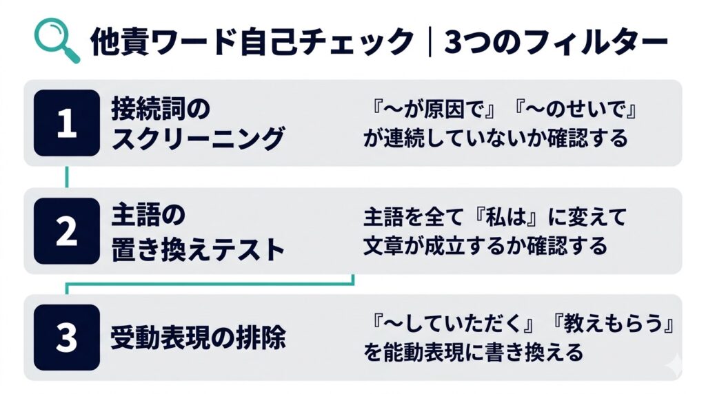 面接の失敗談が他責になっていないかを自己確認するための3フィルター(接続詞スクリーニング・主語置き換えテスト・受動表現排除)を縦並びで図解したチェックリスト。