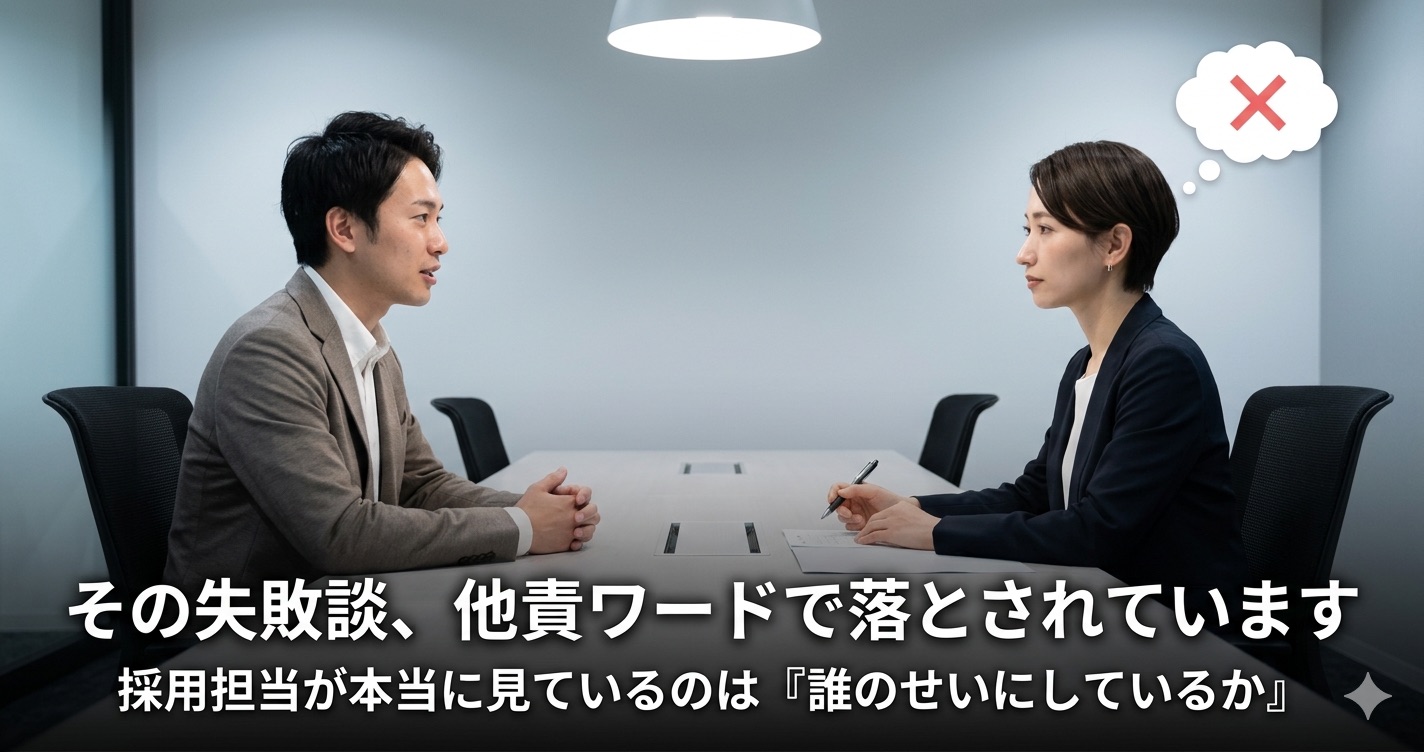 面接で失敗談を語る求職者に対して採用担当者が内心で他責判定を下しているシーンを表したオフィスの面接室。失敗談で他責ワードが出た瞬間に落とされる理由を採用側の本音から解説する記事のアイキャッチ。