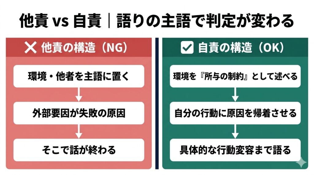面接の失敗談における他責の語り構造(外部要因を主語にして話が終わる)と自責の語り構造(制約を前提に自分の行動に帰着させ行動変容まで語る)を左右2分割で図解した比較図。
