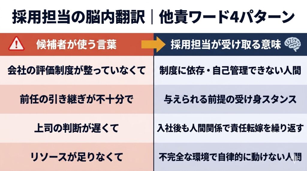 面接の失敗談で候補者が無意識に使う他責ワード4パターンと採用担当者の脳内変換を2列の対比表で示したインフォグラフィック。