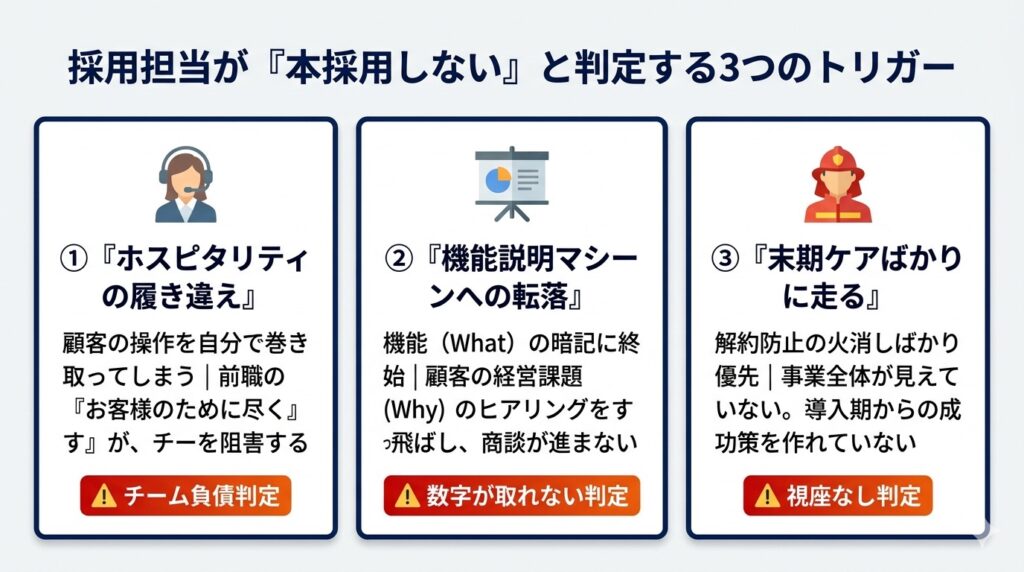 採用担当が試用期間中に「本採用しない」と判定する3つのトリガーパターンを図解。CS特有、ITセールス特有、共通パターンの3つを視覚的に説明