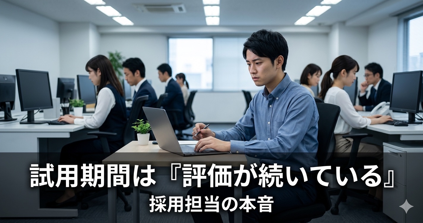 オフィスで孤立している新入社員。背後でチームメンバーが意図的に距離を置いている様子。試用期間での「戦略的放置」の微妙な心理状態を表現