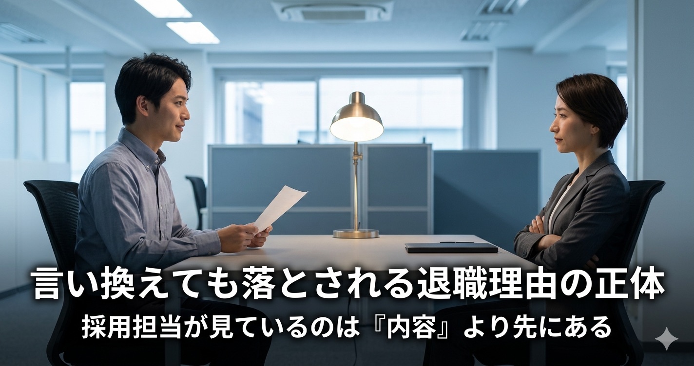 面接で退職理由を語る求職者に対して採用担当者が内心で不作為の判定を下しているオフィスの面接シーン。退職理由をポジティブに言い換えても落とされる本当の理由を採用側の本音から解説する記事のアイキャッチ。