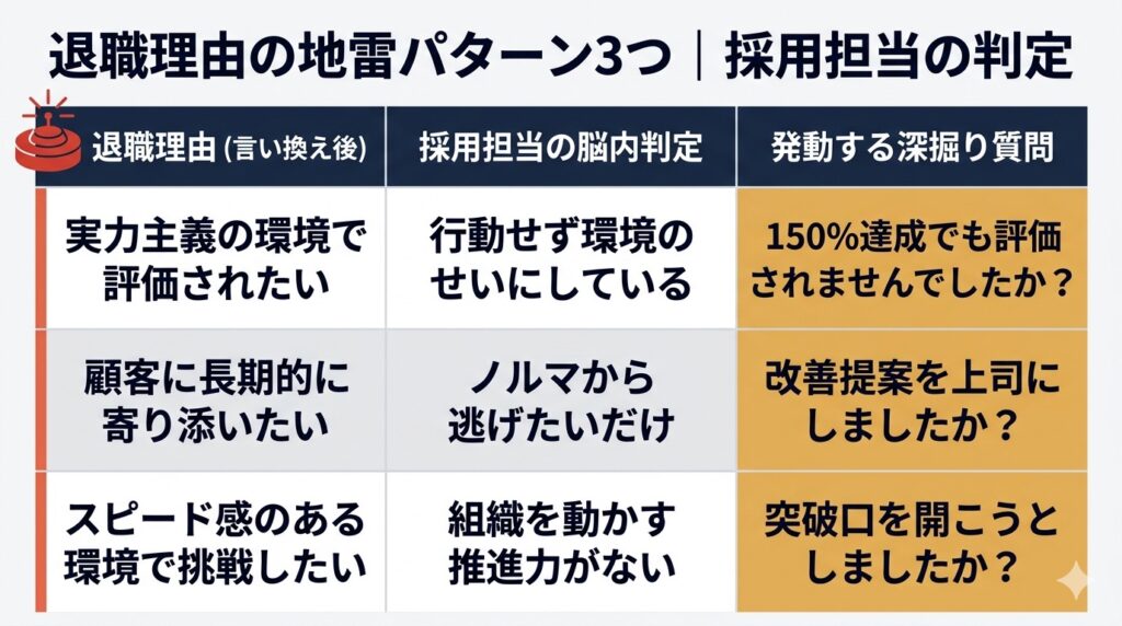 退職理由の地雷パターン3種(評価制度・売り切り営業・スピード感)と採用担当者の脳内判定および発動する深掘り質問を3列の対応表で示したインフォグラフィック。