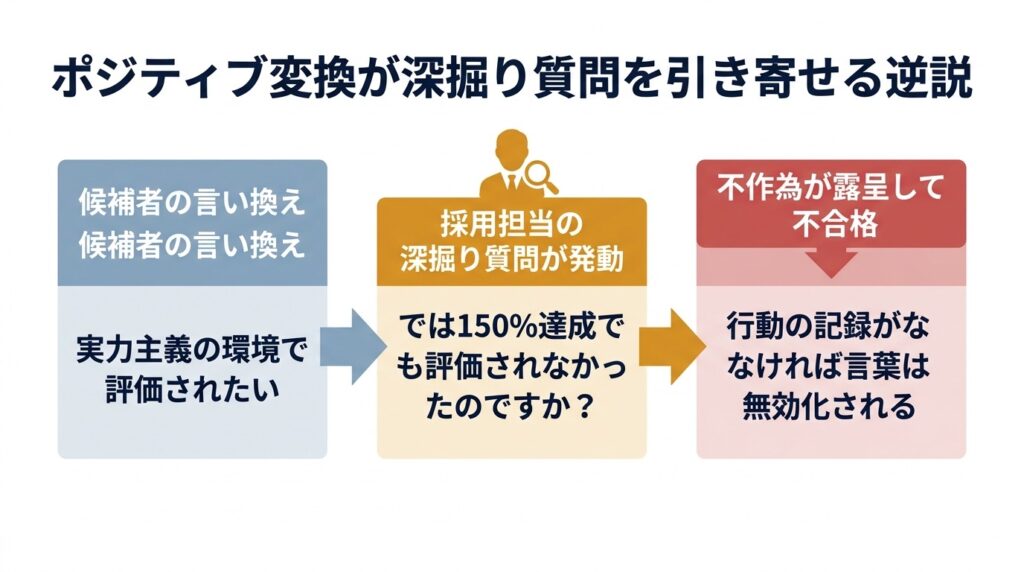 退職理由をポジティブに言い換えるほど採用担当者の深掘り質問が誘発され不作為が露呈するという逆説の構造を3段階のフローで図解したインフォグラフィック。