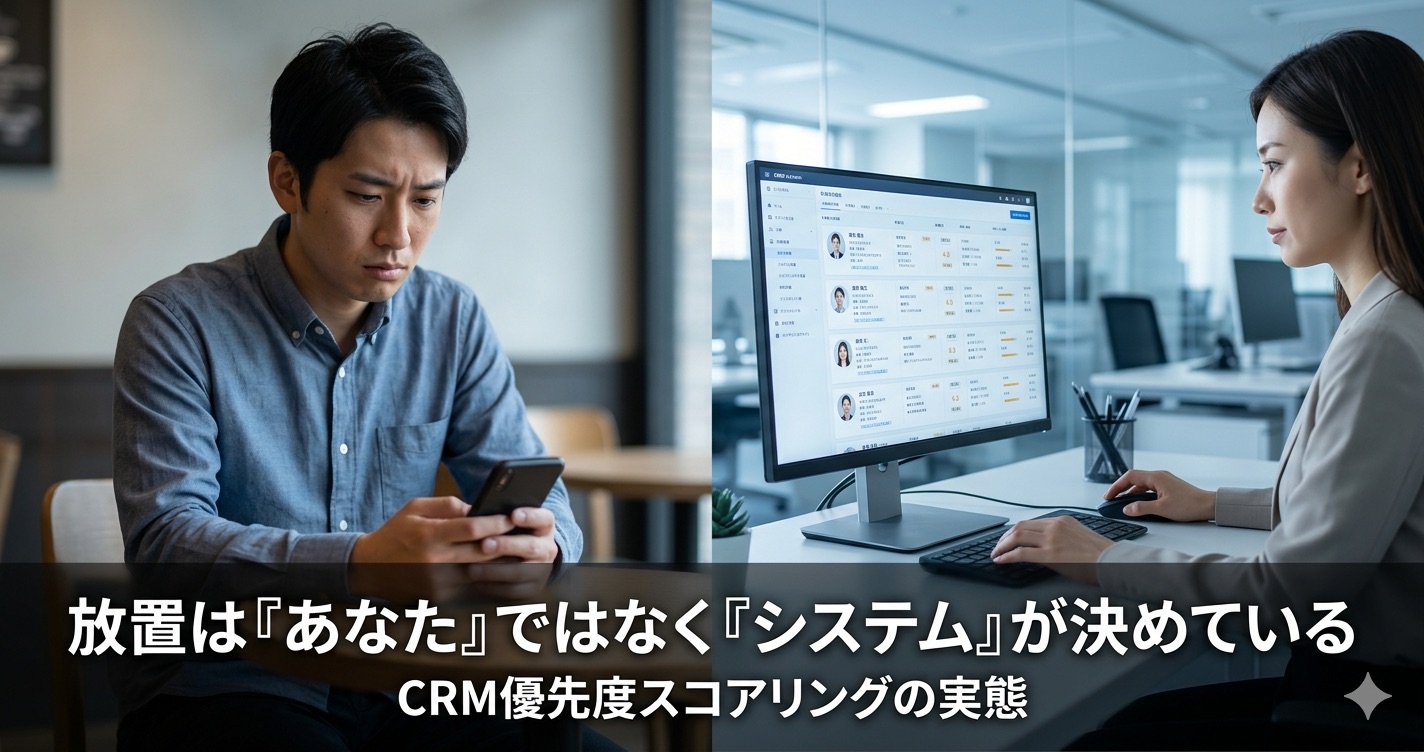 エージェント放置の構造を表現したビジュアル。スマートフォンを見る求職者と、CRMシステムで自動優先度付けを行うエージェント担当者の対照的な状況を表現