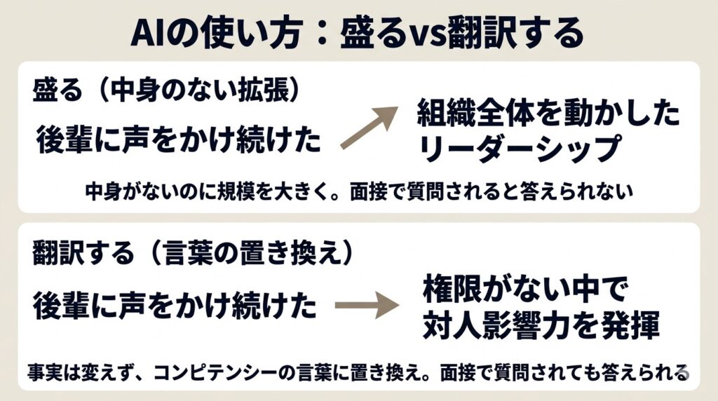 「盛る」と「翻訳する」の2つのAI活用パターンを上下に比較した図。上段：「盛る（禁止）」として「後輩に声をかけ続けた」という事実が「組織全体を動かしたリーダーシップ」という不正確な拡張に変わる様子。下段：「翻訳する（推奨）」として同じ事実が「権限がない中で対人影響力を発揮」というコンピテンシーの言葉に正確に置き換わる様子。両方とも背景は淡いグレー、テキストは濃紺で明確。
