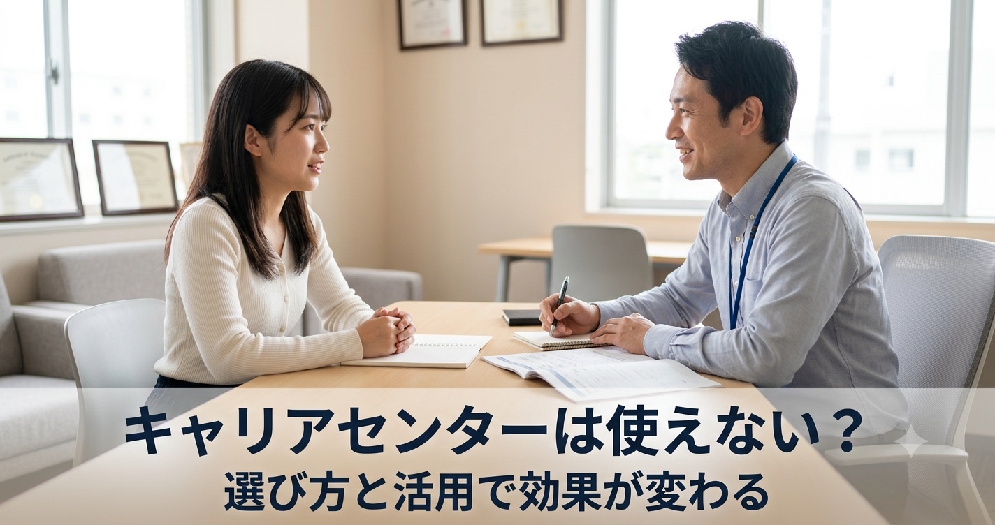 キャリアセンターでの相談シーン。机を挟んで学生と社会人のアドバイザーが向き合っている。学生は視線を相手に向け、自信を持った姿勢で話している。アドバイザーは熱心に耳を傾け、メモを取っている。背景は白やベージュとグレーの落ち着いた相談室。机の上には書類やノートが置かれている。全体的に温かく、支援的な関係を表現。画面下部に濃紺の太字で「キャリアセンターは使えない？」「選び方と活用で効果が変わる」というテキストが重ねられている。