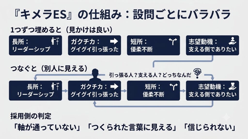 ESが「キメラ」になる仕組みを図解したイメージ。上段:4つのボックスが並んで「長所:リーダーシップ」「ガクチカ:グイグイ引っ張った」「短所:優柔不断」「志望動機:支える側でありたい」と記載。各ボックスの下に「例文集から借りた」と表示。中段:4つのボックスが線で結ばれるが、矛盾する方向を指していて、その中央に「引っ張る人?支える人?どっちなんだ」という疑問マークと混乱を表現。下段:「軸が通っていない」「つくられた言葉に見える」「信じられない」という採用側の判定。背景は薄いグレー、ボックスは濃紺、接続線は薄い青系。