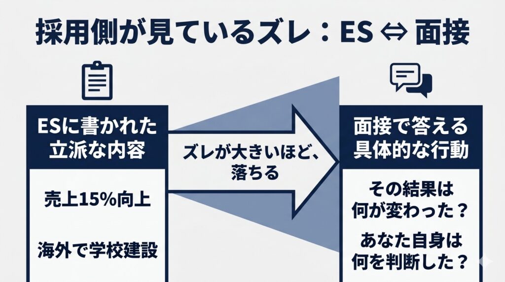 採用側が確認するESと面接のズレを図解したイメージ。左側にES（文書アイコン）、右側に面接（吹き出しアイコン）を配置。中央の矢印がズレの大きさを表現。左側は「売上15%向上」「海外で学校建設」といった立派な内容の例、右側は「その結果は何が変わった？」「あなた自身は何を判断した？」といった採用側の深掘り質問を表示。「ズレが大きいほど、落ちる」というメッセージが中央に記載。