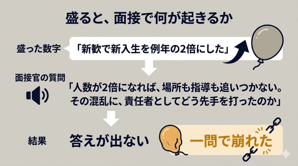 盛ったガクチカが面接で崩れるプロセスを3段階で図解したイメージ。上段：「盛った数字」として「新歓で新入生を例年の2倍にした」という例文と膨らむ風船のアイコン。中段：「面接官の質問」として「人数が2倍になれば、場所も指導も追いつかない。その混乱に、責任者としてどう先手を打ったのか」という厳しい質問。下段：「結果」として「答えが出ない」「一問で崩れた」と表示され、風船が萎む様子を表現。背景は薄いグレー、テキストは濃紺で、下段のみ微妙に暖色系の警告色が入る。