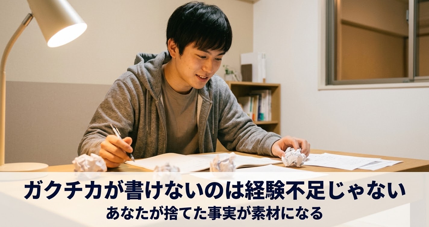 机の上に散らばった紙を見つめている学生の画像。机の上には小さく丸められた紙や、捨てられた紙片が散らばっている。表情は落胆ではなく、何かに気づいた瞬間の静かな思慮深さ。温かみのある机の光が当たっている。背景はベージュと薄いグレーの落ち着いた部屋。ビジネスカジュアルな普通の服装。画面下部に濃紺の太字で「ガクチカが書けないのは経験不足じゃない」「あなたが捨てた事実が素材になる」というテキストが重ねられている。