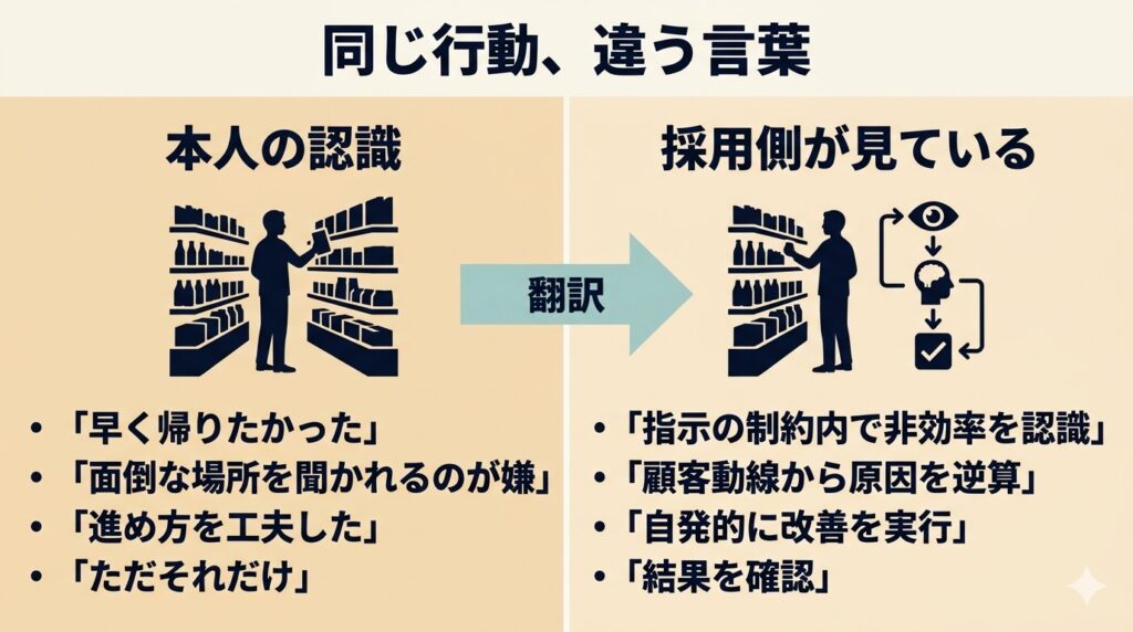 品出しバイトの地味な工夫を、左右に分けて表示した図。左側「本人の認識」：「早く帰りたかった」「面倒な場所を聞かれるのが嫌」「進め方を工夫した」「ただそれだけ」というシンプルな言葉。右側「採用側が見ている」：「指示の制約内で非効率を認識」「顧客動線から原因を逆算」「自発的に改善を実行」「結果を確認」という評価される言葉。中央に「翻訳」という矢印が示される。同じ事実が、言葉だけで異なる価値を持つことを視覚化。