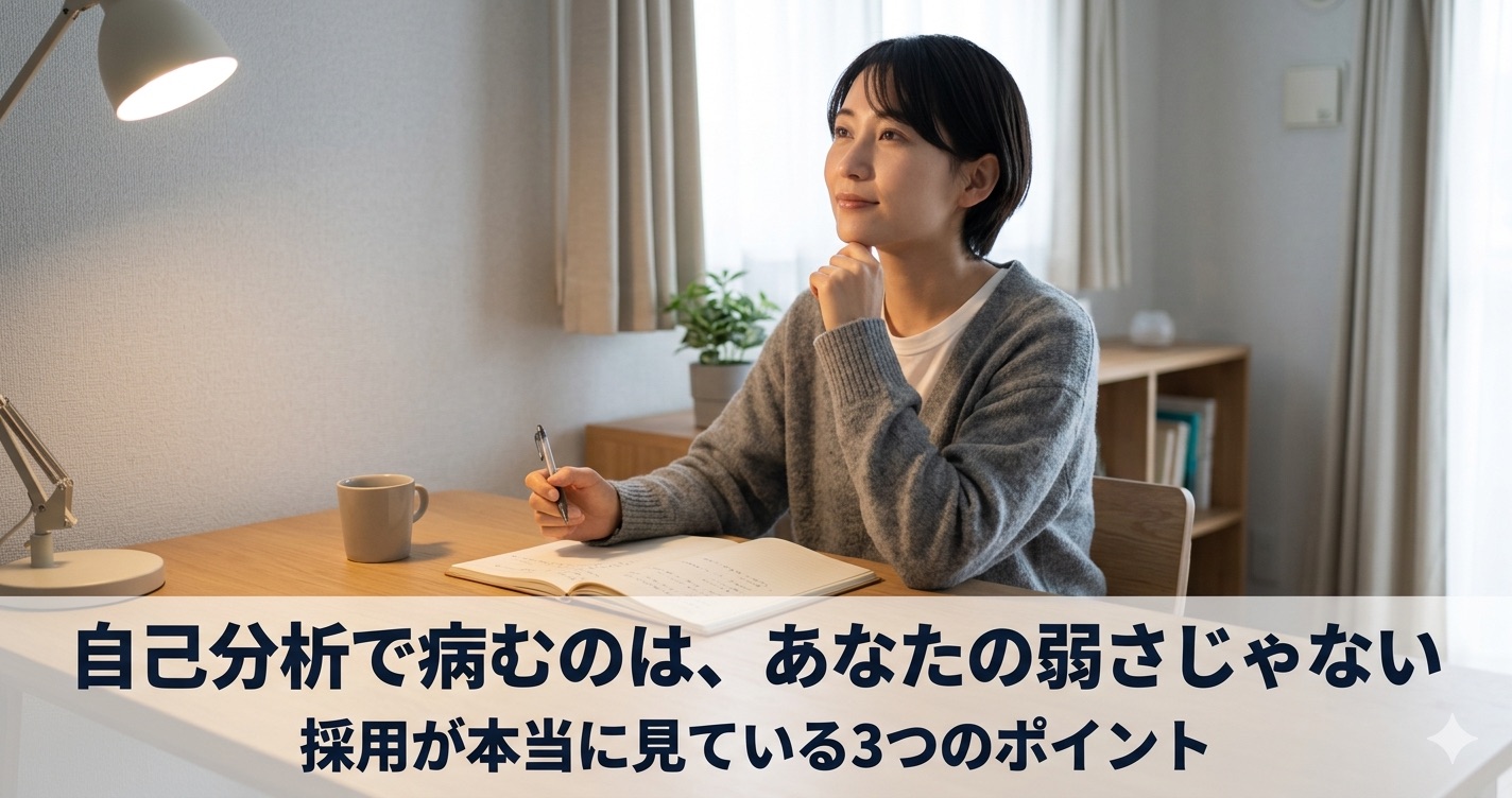 デスクで静かに考えている人の画像。手前にはノートとペン。温かみのある照明が差し込む。背景は落ち着いた色合いの机の上。画面下部に白い太字で「自己分析で病むのは、あなたの弱さじゃない」「採用が本当に見ている3つのポイント」というテキストが重ねられている。
