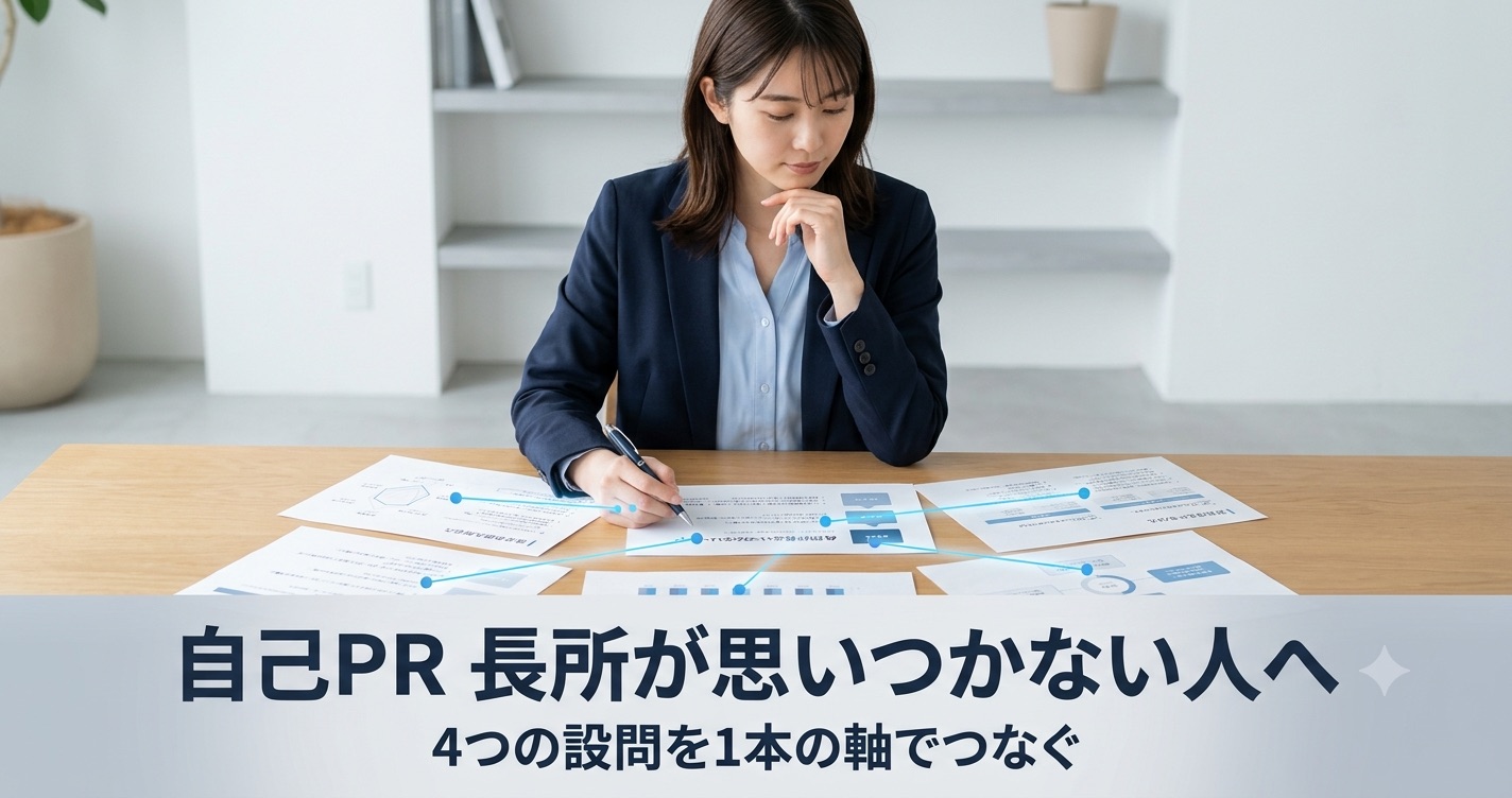 机の上に複数の書類や紙を広げて、それらを比較しながら確認している人の画像。書類同士を線で結んだり、視覚的にマークしたりして、つながりを検証している様子。表情は思慮深く分析的。ビジネスカジュアルな普通の服装。窓からの柔らかい自然光が当たっている。背景は白とグレーとベージュの落ち着いたミニマリスト的な机上空間。画面下部に濃紺の太字で「自己PR 長所が思いつかない人へ」「4つの設問を1本の軸でつなぐ」というテキストが重ねられている。