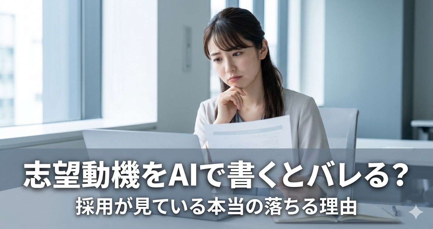 デスク上でパソコン画面を見ながら考え込む人。紙のノートとペンが手元にある。ビジネスカジュアルな服装。窓からの柔らかい光が当たっている。背景は白と薄いグレーの落ち着いたオフィス空間。画面下部に白い太字で「志望動機をAIで書くとバレる？」「採用が見ている本当の落ちる理由」というテキストが重ねられている。