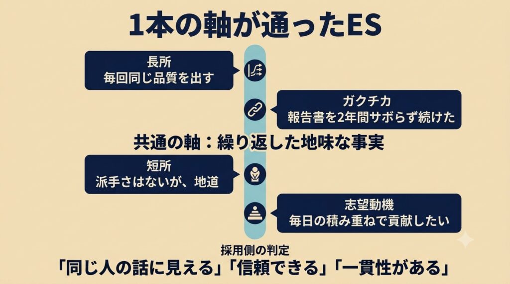 4つのES設問が1本の軸で統一されている様子を図解したイメージ。中央に「共通の軸:繰り返した地味な事実」という太い線が縦に走っている。その周りに4つのセクションが配置:「長所:毎回同じ品質を出す」「ガクチカ:報告書を2年間サボらず続けた」「短所:派手さはないが、地道」「志望動機:毎日の積み重ねで貢献したい」。4つのセクションはすべて中央の軸に接続され、視覚的に統一されている。下段に「採用側の判定」として「同じ人の話に見える」「信頼できる」「一貫性がある」と記載。背景は暖かみのあるベージュ、ボックスは濃紺、中央の軸は落ち着いた青緑系。