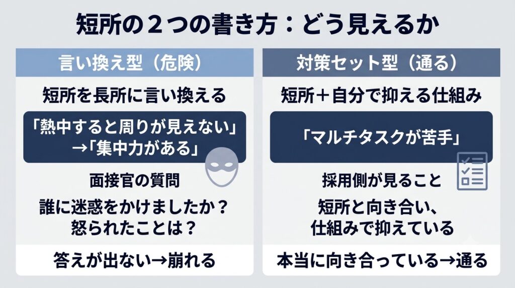 短所の2つの書き方を左右に比較した図。左側「言い換え型（危険）」：「熱中すると周りが見えない」が「集中力がある」に言い換えられ、面接官に「誰に迷惑をかけましたか」と質問されて答えが出ず「崩れる」という結末。右側「対策セット型（通る）」：「マルチタスクが苦手」という短所がそのまま認められ、「優先順位をメモに書くというルール」といった仕組みとセットで提示され、「短所と向き合い、仕組みで抑えている」と採用側に評価されて「通る」という結末。両側が等価な大きさで、中立的に扱われている。背景は薄いグレー、テキストは濃紺。