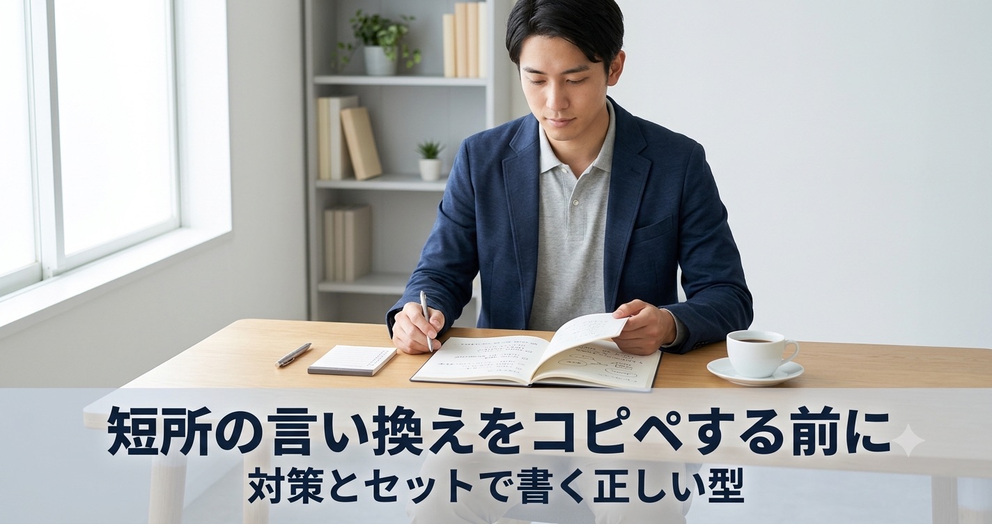 机の上でノートを見ながら考えている人の画像。ノートには構造的にまとめられたチェックリストや優先順位が書き込まれている。机の上にはペン、小さなメモ帳、コーヒーカップがある。ビジネスカジュアルな普通の服装。窓からの柔らかい自然光が当たっている。背景は白とグレーとベージュの落ち着いたオフィス空間。表情は不安ではなく、思慮深く実行的。画面下部に濃紺の太字で「短所の言い換えをコピペする前に」「対策とセットで書く正しい型」というテキストが重ねられている。