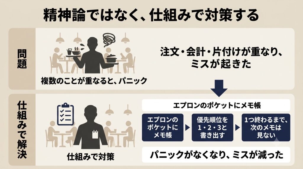 パニックという短所に対して、「精神論」ではなく「仕組み」で対策する様子を上下で表現した図。上段：複数の作業（注文・会計・片付け）が重なって混乱している飲食店の場面と「パニックでミスが起きた」というラベル。下段：「エプロンのポケットにメモ帳」「優先順位を1・2・3と書き出す」「1つ終わるまで、次のメモは見ない」という3ステップが示され、その結果「パニックがなくなり、ミスが減った」と記載。上段は混沌、下段は整然とした印象で、視覚的に改善を表現。背景は薄いベージュ、システムボックスは濃紺。