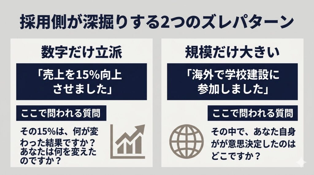 2つのガクチカの落とし穴を左右対称で表示した図。左側：「数字だけ立派なガクチカ」として「売上を15%向上させました」の例と「その15%は、何が変わった結果ですか？」という採用側の深掘り質問。右側：「規模だけ大きいガクチカ」として「海外で学校建設に参加しました」の例と「あなた自身が意思決定したのはどこですか？」という質問。両側が等価に扱われた対称的なレイアウト。背景は薄いグレー、ボックスはネイビー系。