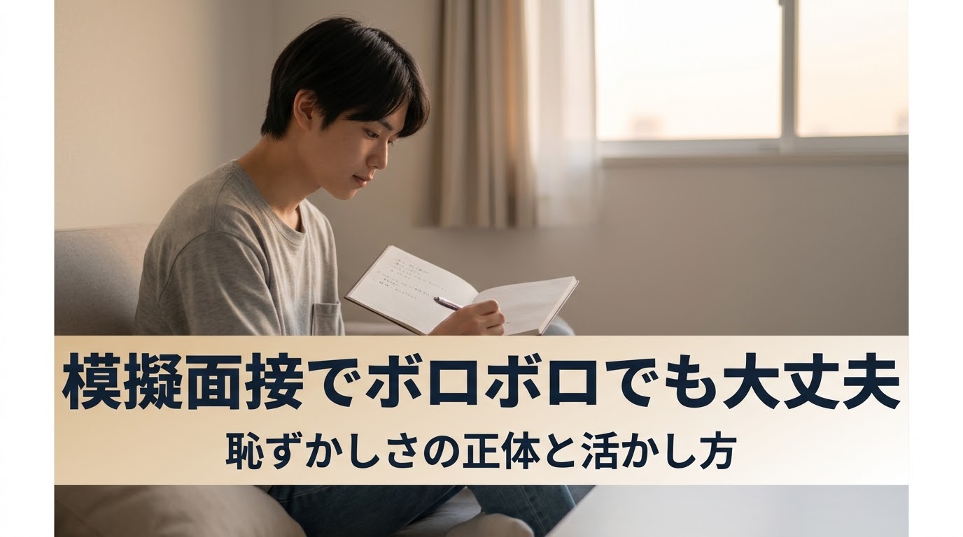 模擬面接後、静かな部屋でノートを見つめている学生の画像。表情は落胆ではなく、静かに何かに気づいた思慮深い様子。ノートには少しだけ書き込みがある。窓からの温かい夕方の光が差し込んでいる。背景はベージュと薄いグレーの落ち着いたミニマルな部屋。普通の服装。画面下部に濃紺の太字で「模擬面接でボロボロでも大丈夫」「恥ずかしさの正体と活かし方」というテキストが重ねられている。