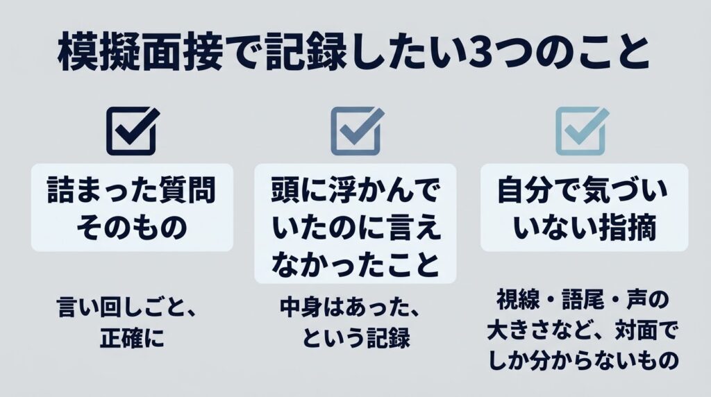 模擬面接で記録すべき3つの項目をチェックリスト形式で図解したイメージ。①「詰まった質問そのもの」（言い回しごと、正確に）、②「頭に浮かんでいたのに言えなかったこと」（中身はあった、という記録）、③「自分で気づいていない指摘」（視線・語尾・声の大きさなど、対面でしか分からないもの）。3つの項目はチェックボックスアイコンとともに並び、3つ目がやや強調される配置。背景は薄いベージュ、チェックボックスは濃紺、アクセントは落ち着いた青緑系。